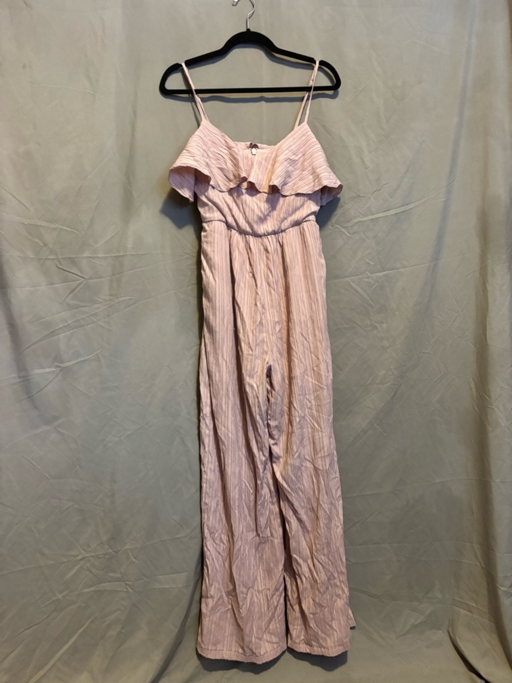 Lost in Lunar Ruffle-Front Pink Striped Jumpsuit Flared with Adjustable Straps